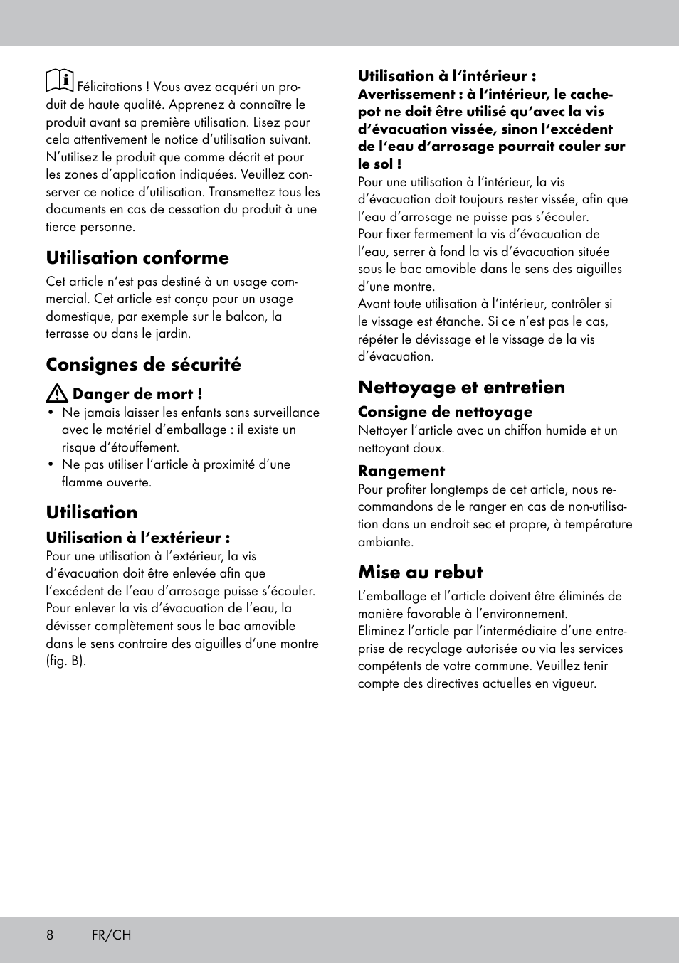 Utilisation conforme, Consignes de sécurité, Utilisation | Nettoyage et entretien, Mise au rebut | Florabest GP-1717 User Manual | Page 8 / 16