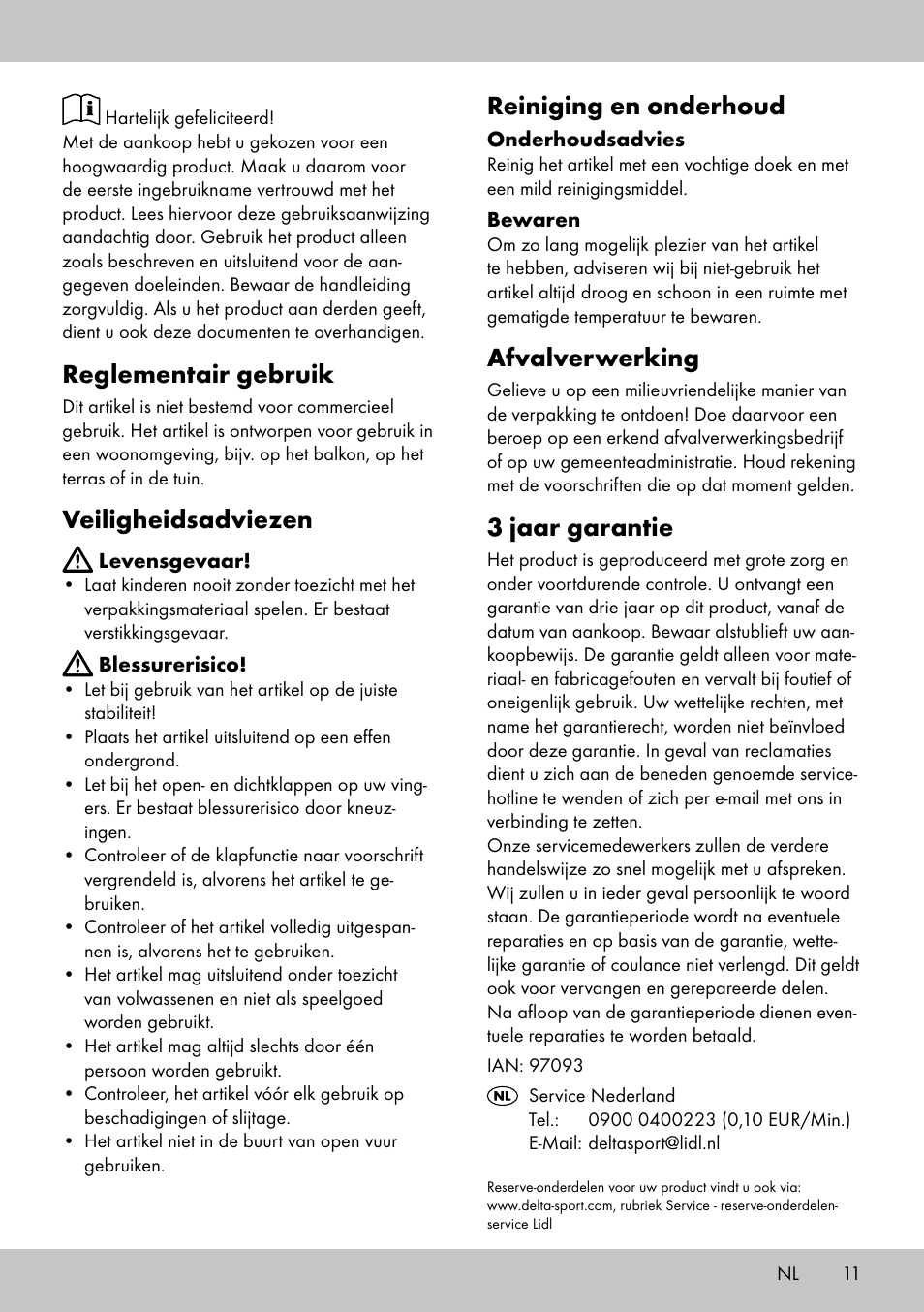 Reglementair gebruik, Veiligheidsadviezen, Reiniging en onderhoud | Afvalverwerking, 3 jaar garantie | Florabest GH-1597 User Manual | Page 11 / 16
