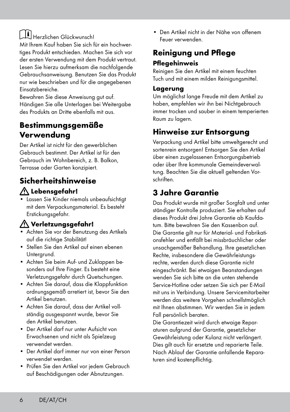 Bestimmungsgemäße verwendung, Sicherheitshinweise, Reinigung und pflege | Hinweise zur entsorgung, 3 jahre garantie | Florabest GH-1597 User Manual | Page 6 / 16
