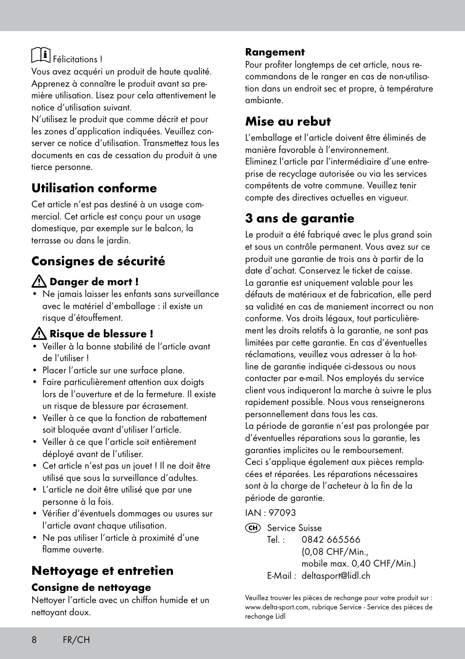 Utilisation conforme, Consignes de sécurité, Nettoyage et entretien | Mise au rebut, 3 ans de garantie | Florabest GH-1597 User Manual | Page 8 / 16