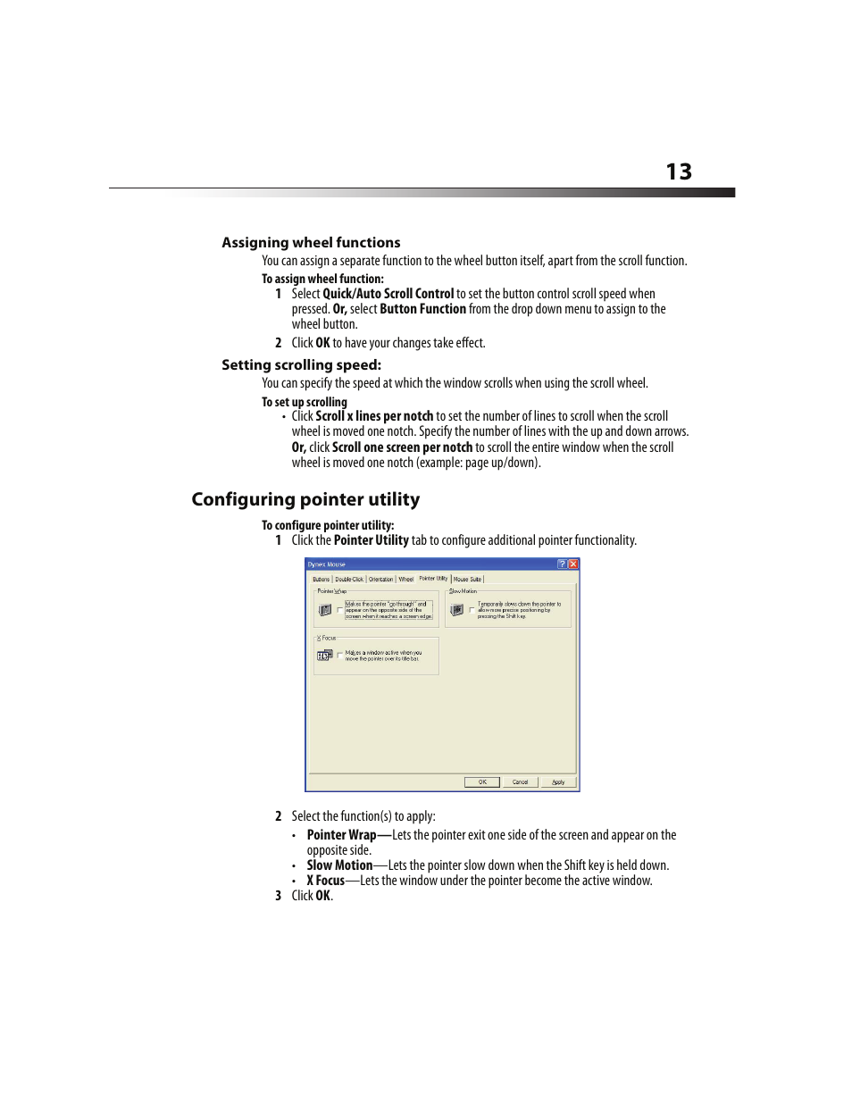 Assigning wheel functions, Setting scrolling speed, Configuring pointer utility | Dynex DX-WLMSE User Manual | Page 13 / 19