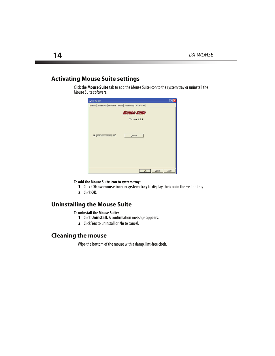 Activating mouse suite settings, Uninstalling the mouse suite, Cleaning the mouse | Dynex DX-WLMSE User Manual | Page 14 / 19