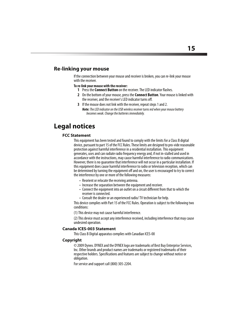 Re-linking your mouse, Legal notices, Fcc statement | Canada ices-003 statement, Copyright | Dynex DX-WLMSE User Manual | Page 15 / 19
