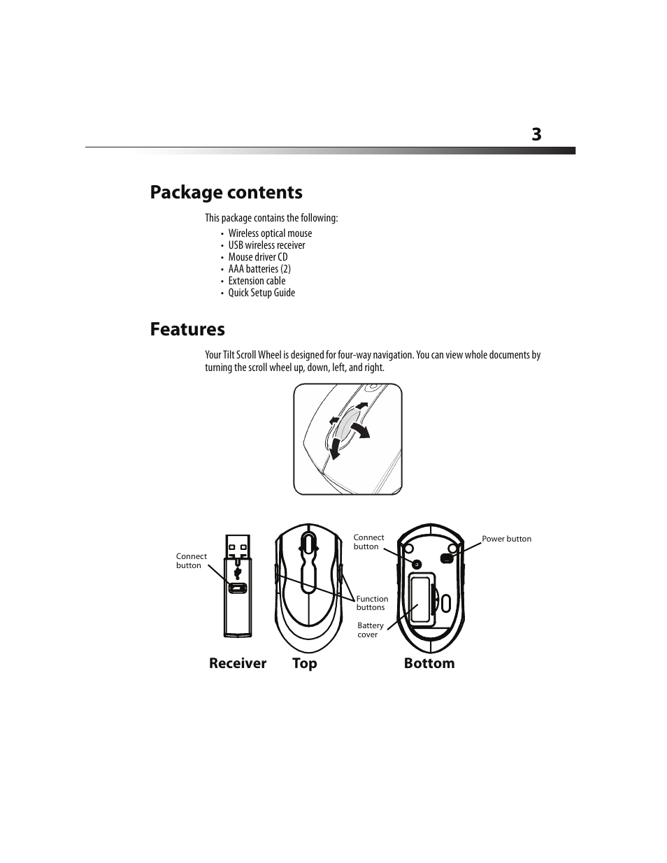 Package contents, Features, Receiver | 3package contents | Dynex DX-WLMSE User Manual | Page 3 / 19