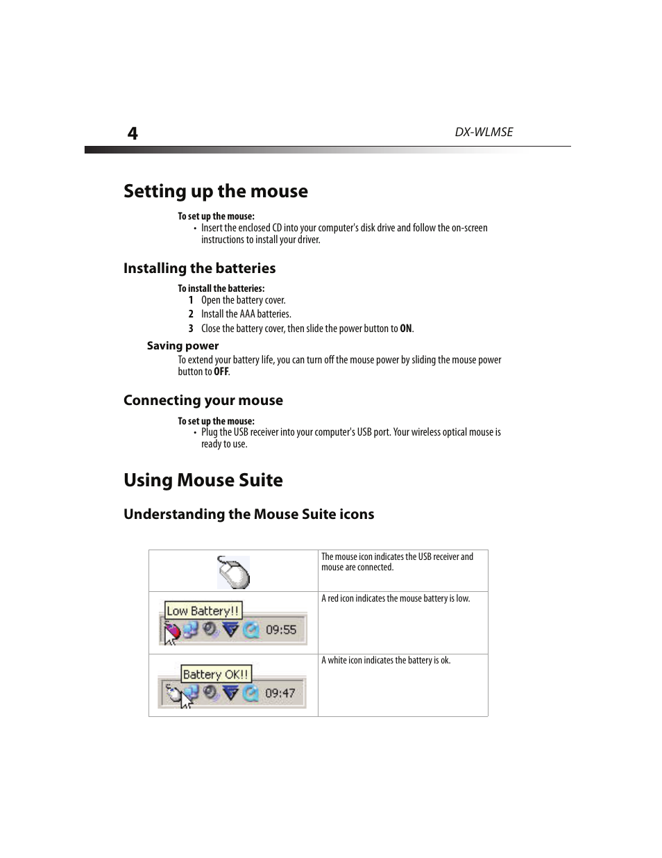 Setting up the mouse, Installing the batteries, Saving power | Connecting your mouse, Using mouse suite, Understanding the mouse suite icons | Dynex DX-WLMSE User Manual | Page 4 / 19