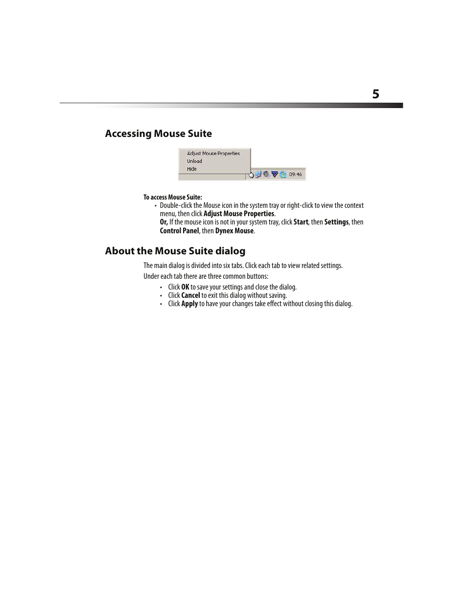 Accessing mouse suite, About the mouse suite dialog | Dynex DX-WLMSE User Manual | Page 5 / 19
