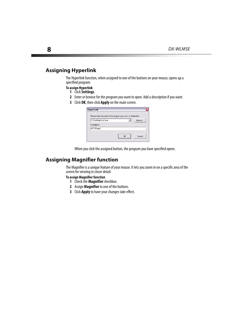 Assigning hyperlink, Assigning magnifier function | Dynex DX-WLMSE User Manual | Page 8 / 19