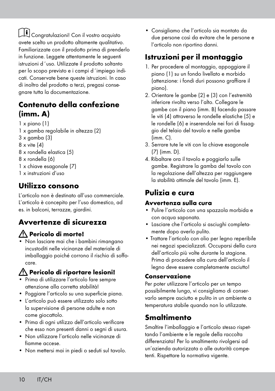 Contenuto della confezione (imm. a), Utilizzo consono, Avvertenze di sicurezza | Istruzioni per il montaggio, Pulizia e cura, Smaltimento | Florabest GT-1719 User Manual | Page 10 / 16