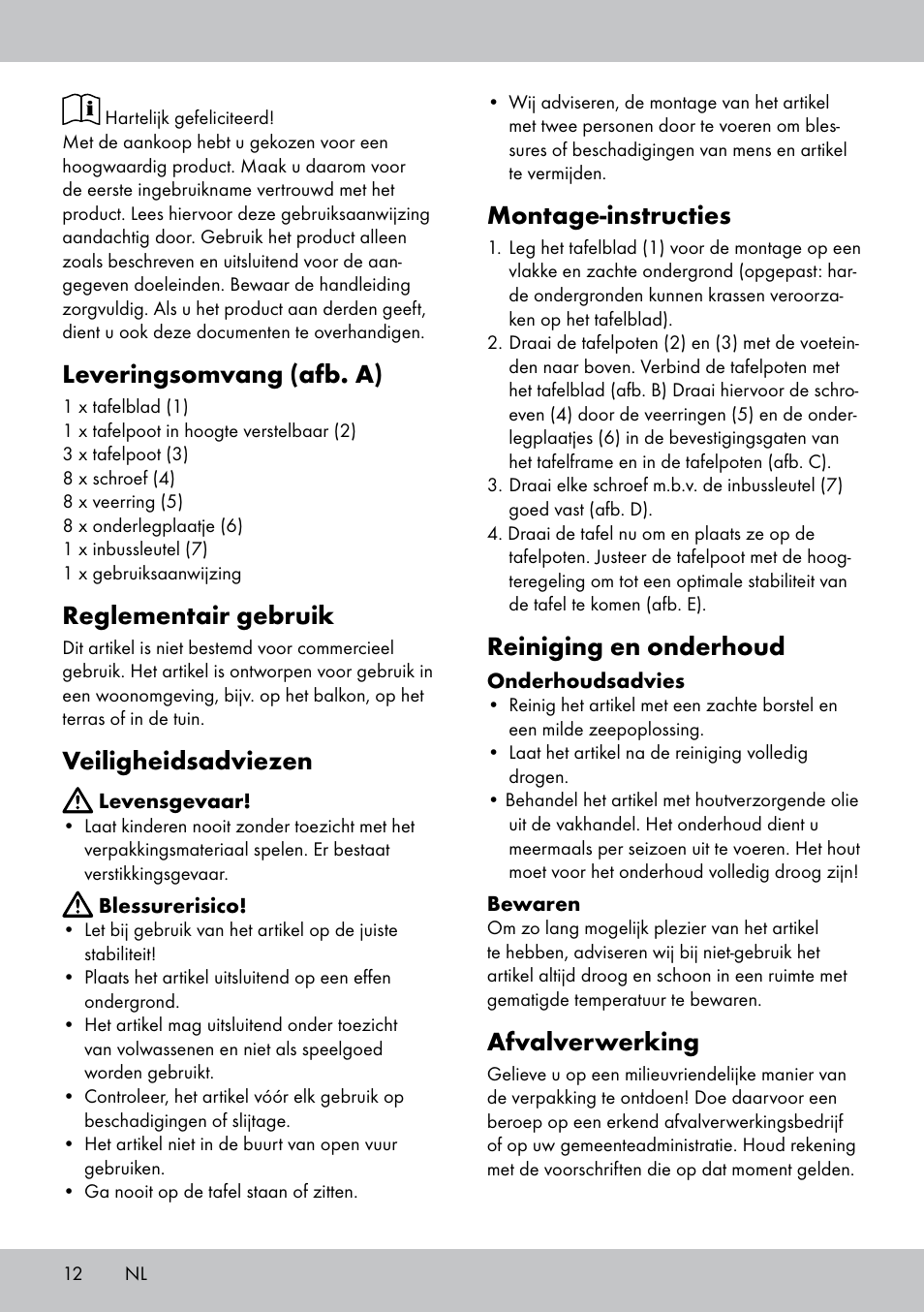 Leveringsomvang (afb. a), Reglementair gebruik, Veiligheidsadviezen | Montage-instructies, Reiniging en onderhoud, Afvalverwerking | Florabest GT-1719 User Manual | Page 12 / 16