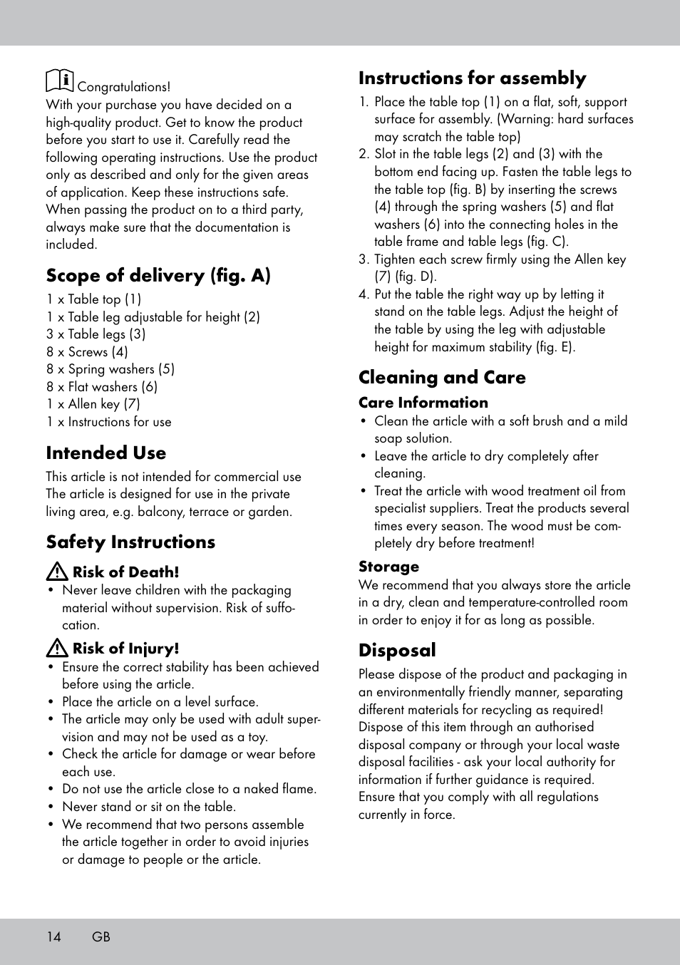 Scope of delivery (fig. a), Intended use, Safety instructions | Instructions for assembly, Cleaning and care, Disposal | Florabest GT-1719 User Manual | Page 14 / 16