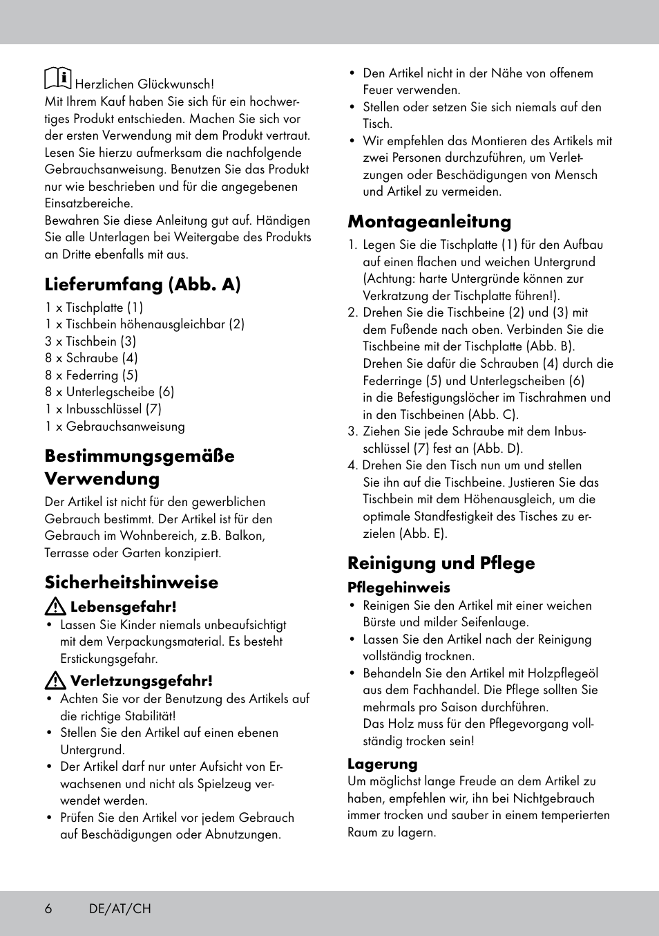 Lieferumfang (abb. a), Bestimmungsgemäße verwendung, Sicherheitshinweise | Montageanleitung, Reinigung und pflege | Florabest GT-1719 User Manual | Page 6 / 16