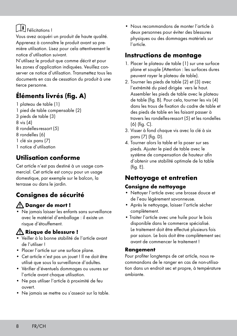 Éléments livrés (fig. a), Utilisation conforme, Consignes de sécurité | Instructions de montage, Nettoyage et entretien | Florabest GT-1719 User Manual | Page 8 / 16