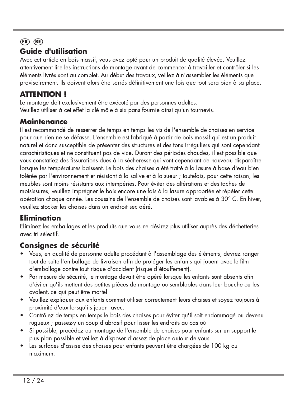 Guide d'utilisation, Attention, Maintenance | Elimination, Consignes de sécurité | Florabest Kids' Picnic Table User Manual | Page 12 / 24