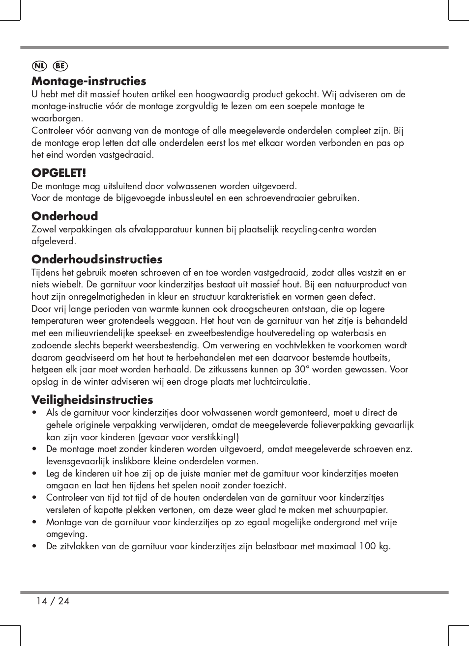 Montageinstructies, Opgelet, Onderhoud | Onderhoudsinstructies, Veiligheidsinstructies | Florabest Kids' Picnic Table User Manual | Page 14 / 24