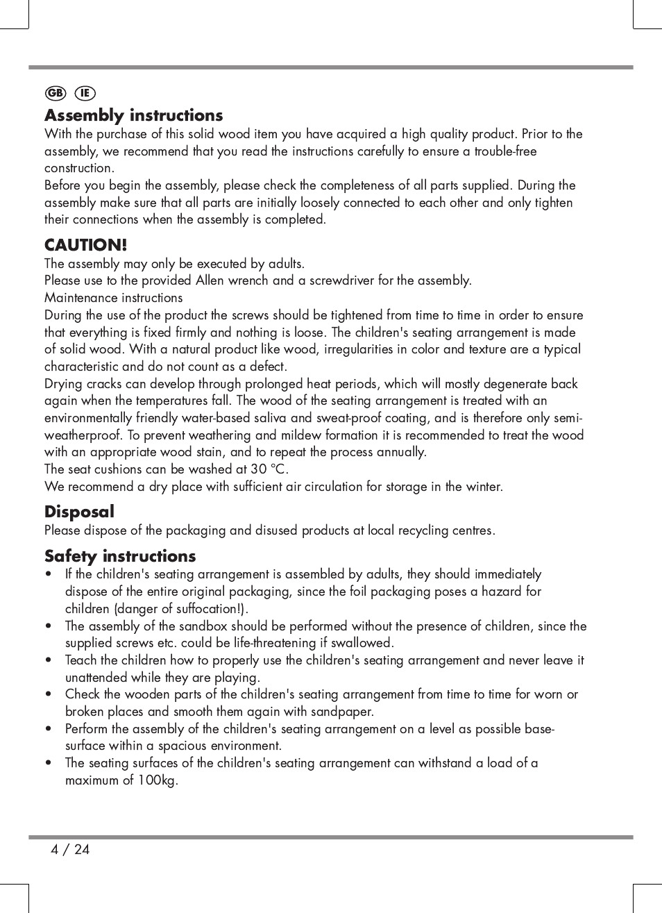 Assembly instructions, Caution, Disposal | Safety instructions | Florabest Kids' Picnic Table User Manual | Page 4 / 24