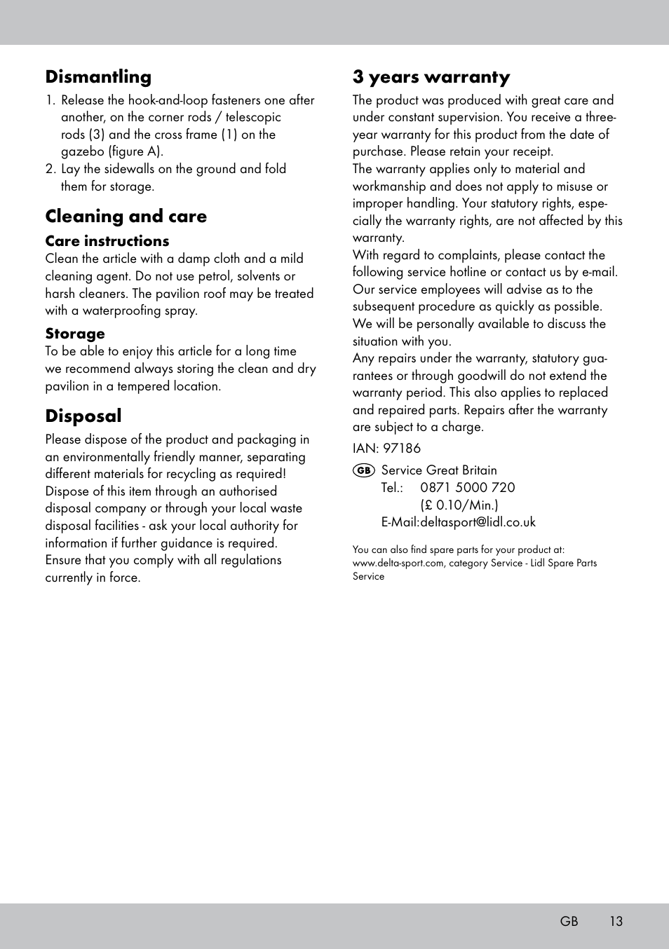 3 years warranty, Dismantling, Cleaning and care | Disposal | Florabest SP-1799 User Manual | Page 13 / 16