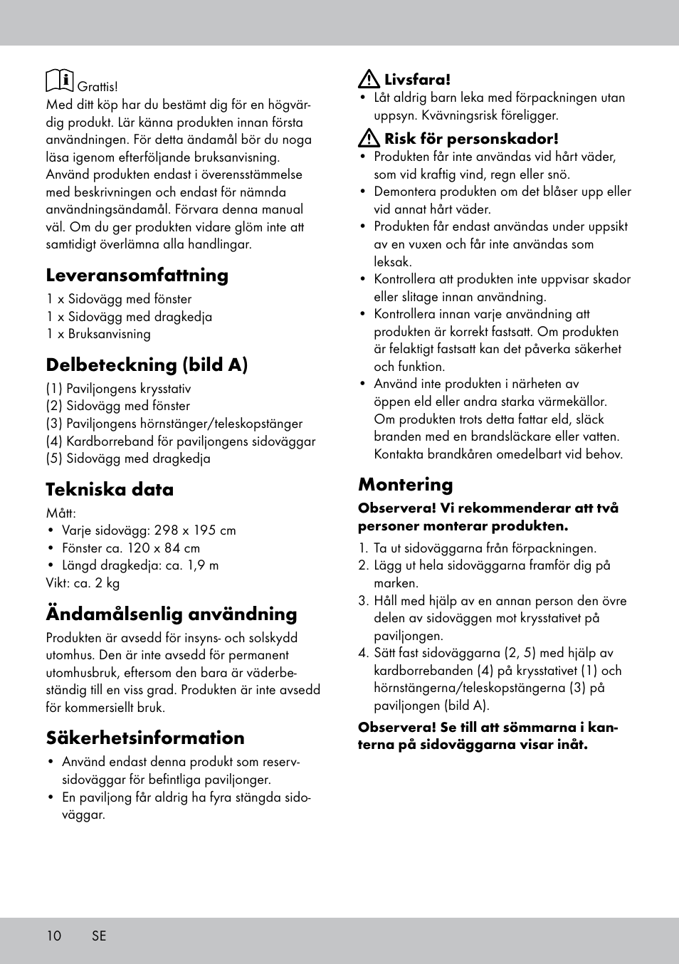 Leveransomfattning, Delbeteckning (bild a), Tekniska data | Ändamålsenlig användning, Säkerhetsinformation, Montering | Florabest SP-1799 User Manual | Page 10 / 20