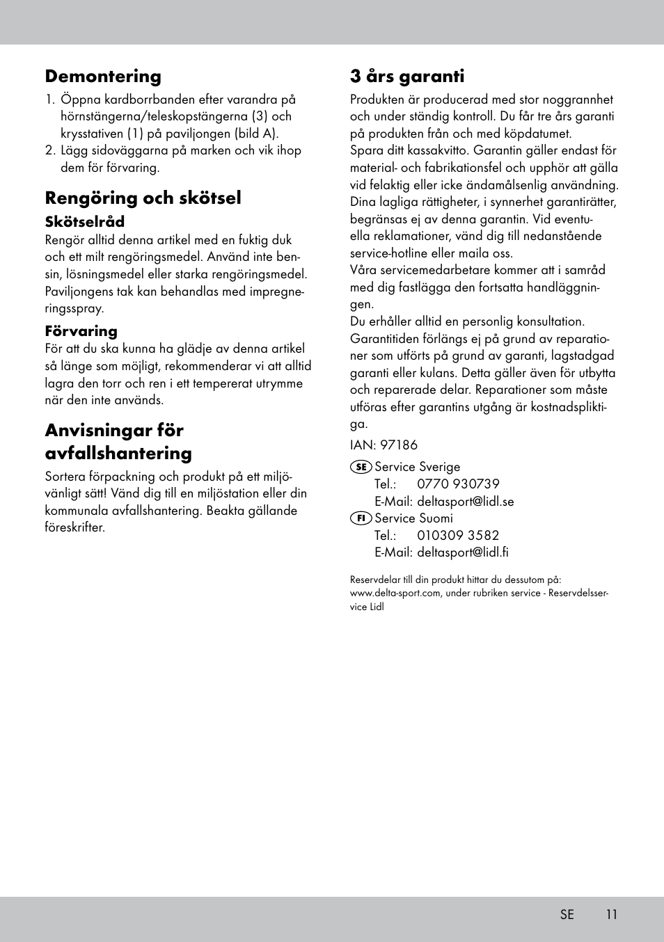 Demontering, Rengöring och skötsel, Anvisningar för avfallshantering | 3 års garanti | Florabest SP-1799 User Manual | Page 11 / 20