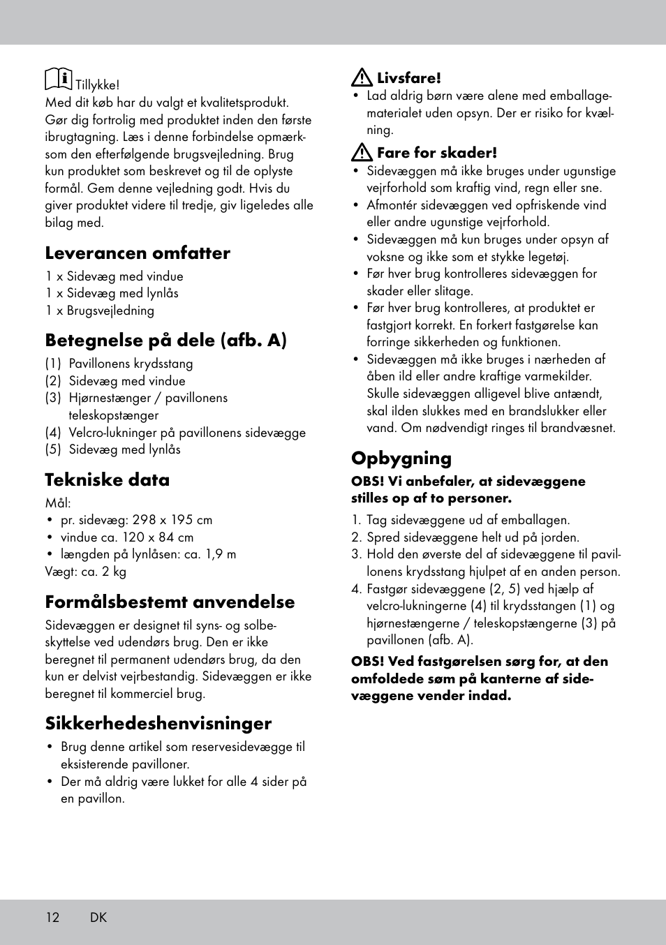 Leverancen omfatter, Betegnelse på dele (afb. a), Tekniske data | Formålsbestemt anvendelse, Sikkerhedeshenvisninger, Opbygning | Florabest SP-1799 User Manual | Page 12 / 20