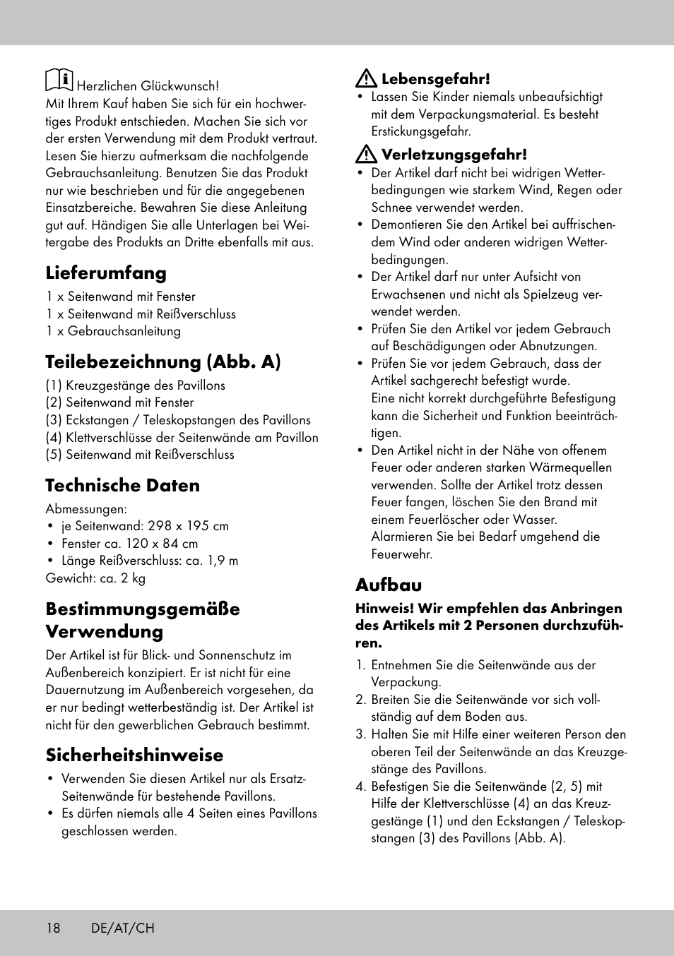 Lieferumfang, Teilebezeichnung (abb. a), Technische daten | Bestimmungsgemäße verwendung, Sicherheitshinweise, Aufbau | Florabest SP-1799 User Manual | Page 18 / 20