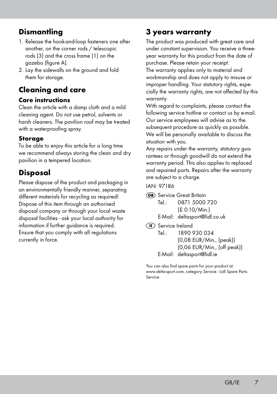 3 years warranty, Dismantling, Cleaning and care | Disposal | Florabest SP-1799 User Manual | Page 7 / 20