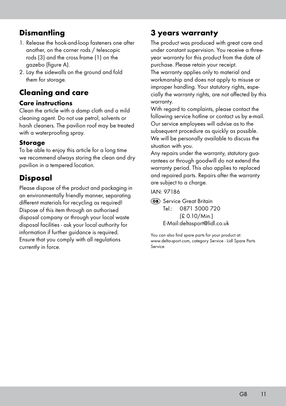 3 years warranty, Dismantling, Cleaning and care | Disposal | Florabest SP-1799 User Manual | Page 11 / 12