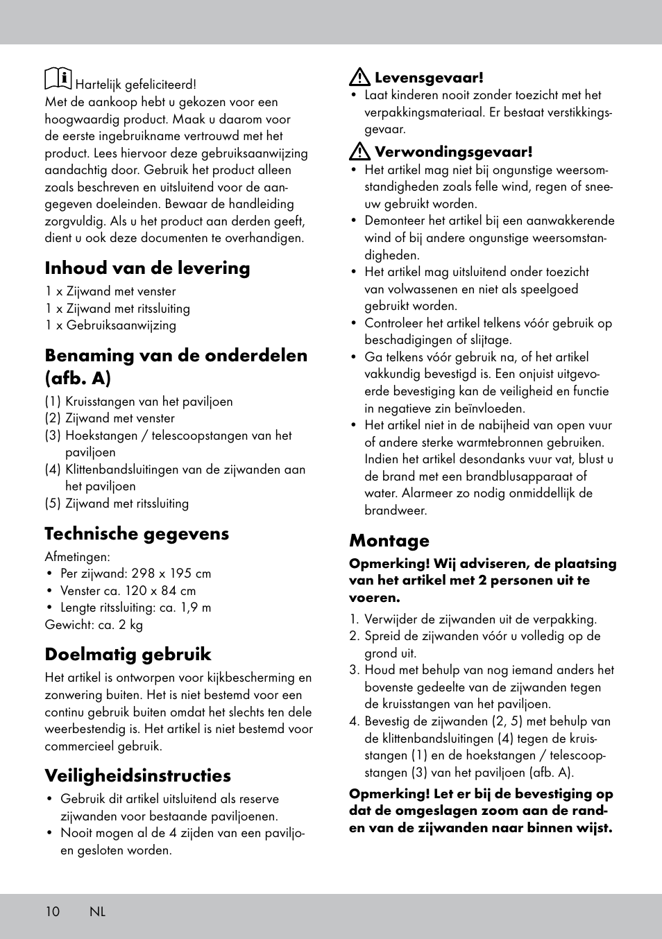 Inhoud van de levering, Benaming van de onderdelen (afb. a), Technische gegevens | Doelmatig gebruik, Veiligheidsinstructies, Montage | Florabest SP-1798 User Manual | Page 10 / 16