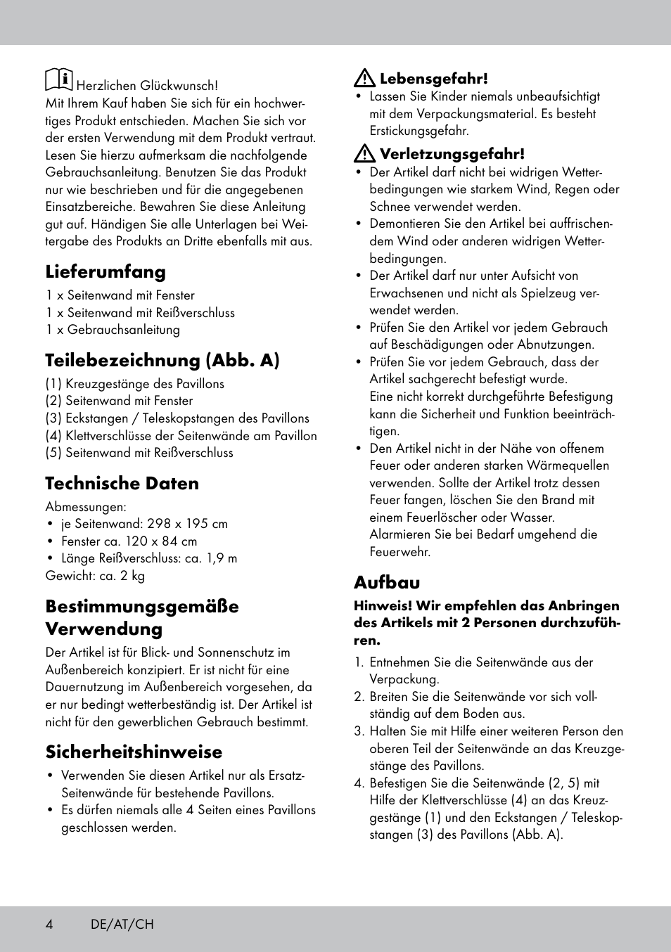Lieferumfang, Teilebezeichnung (abb. a), Technische daten | Bestimmungsgemäße verwendung, Sicherheitshinweise, Aufbau | Florabest SP-1798 User Manual | Page 4 / 16