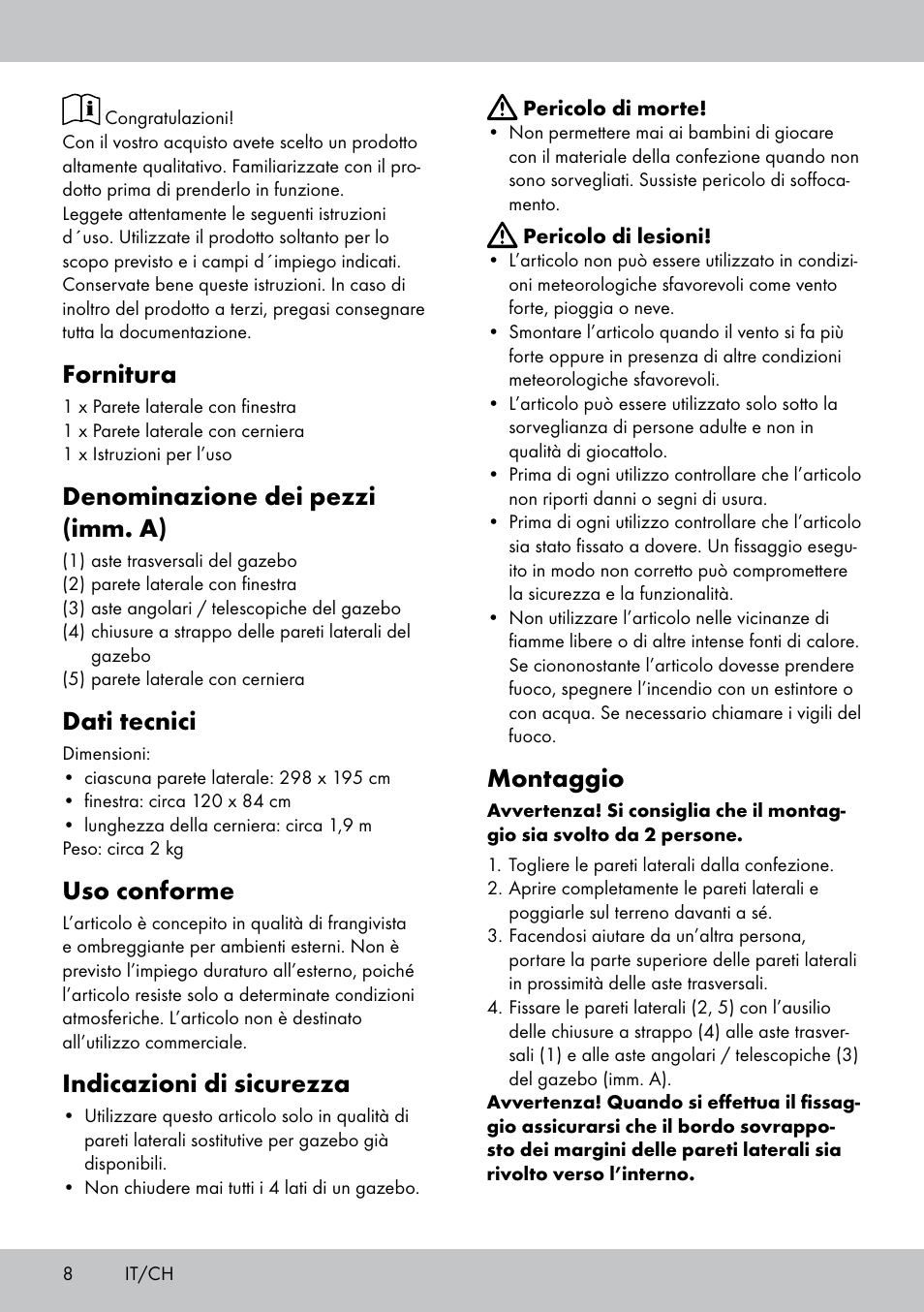 Fornitura, Denominazione dei pezzi (imm. a), Dati tecnici | Uso conforme, Indicazioni di sicurezza, Montaggio | Florabest SP-1798 User Manual | Page 8 / 16