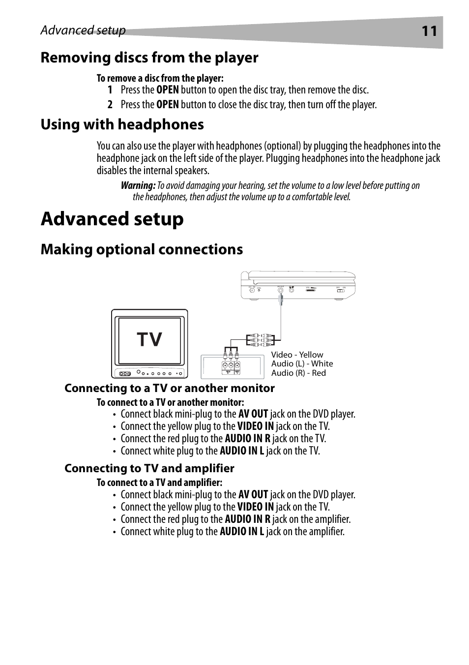 Removing discs from the player, To remove a disc from the player, Using with headphones | Advanced setup, Making optional connections, Connecting to a tv or another monitor, To connect to a tv or another monitor, Connecting to tv and amplifier, To connect to a tv and amplifier, 11 removing discs from the player | Dynex DX-PDVD7 User Manual | Page 11 / 82