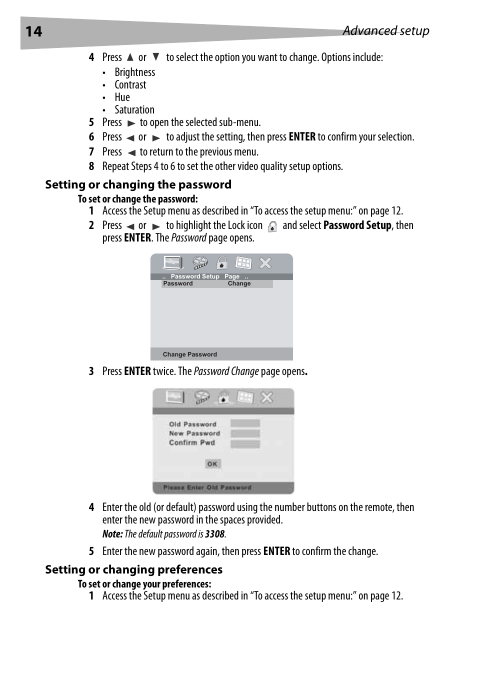 Setting or changing the password, To set or change the password, Setting or changing preferences | To set or change your preferences, Advanced setup | Dynex DX-PDVD7 User Manual | Page 14 / 82