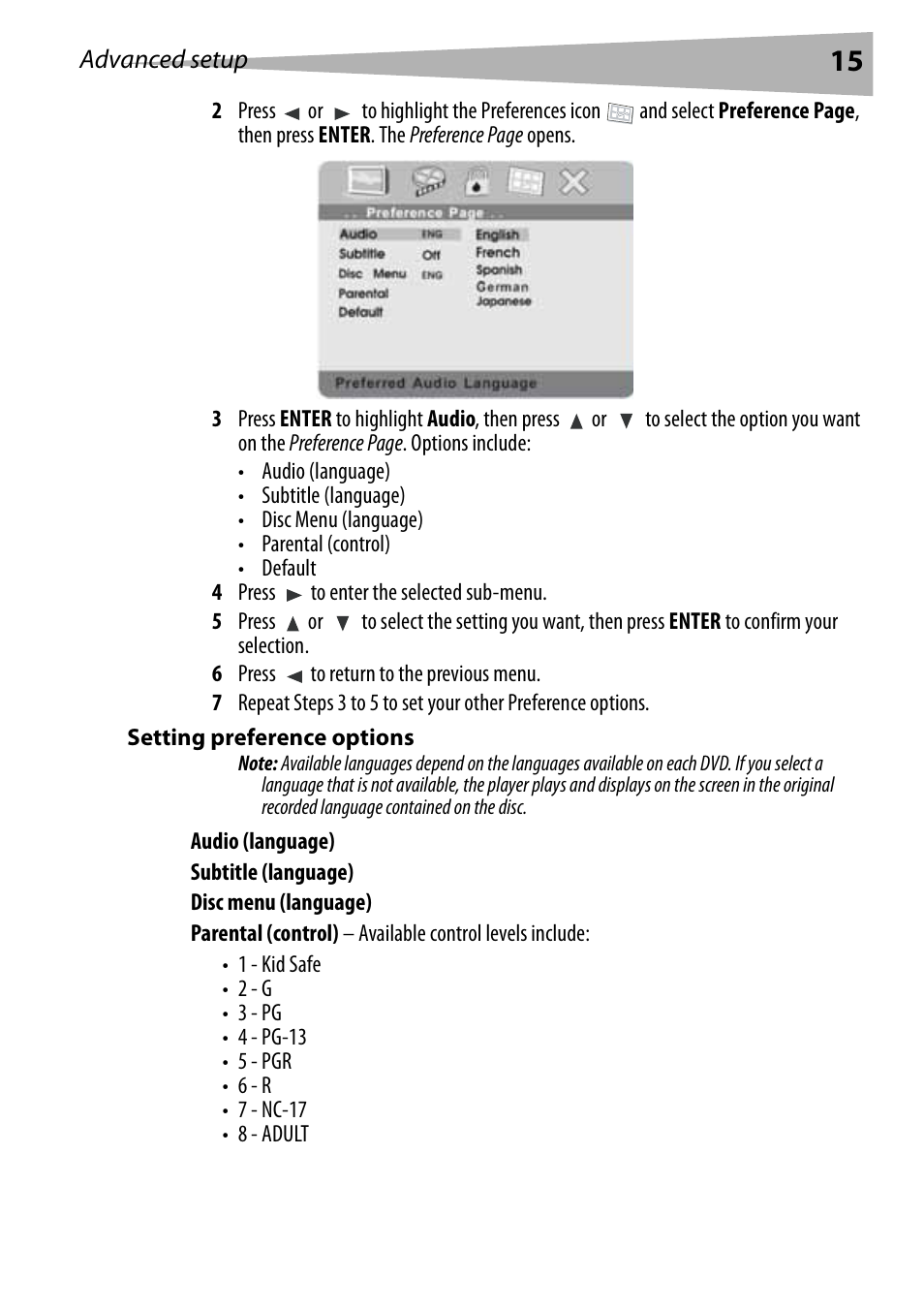 Setting preference options | Dynex DX-PDVD7 User Manual | Page 15 / 82