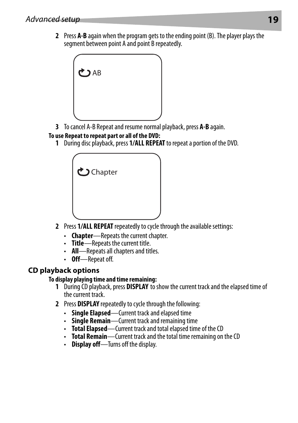 To use repeat to repeat part or all of the dvd, Cd playback options, To display playing time and time remaining | Dynex DX-PDVD7 User Manual | Page 19 / 82