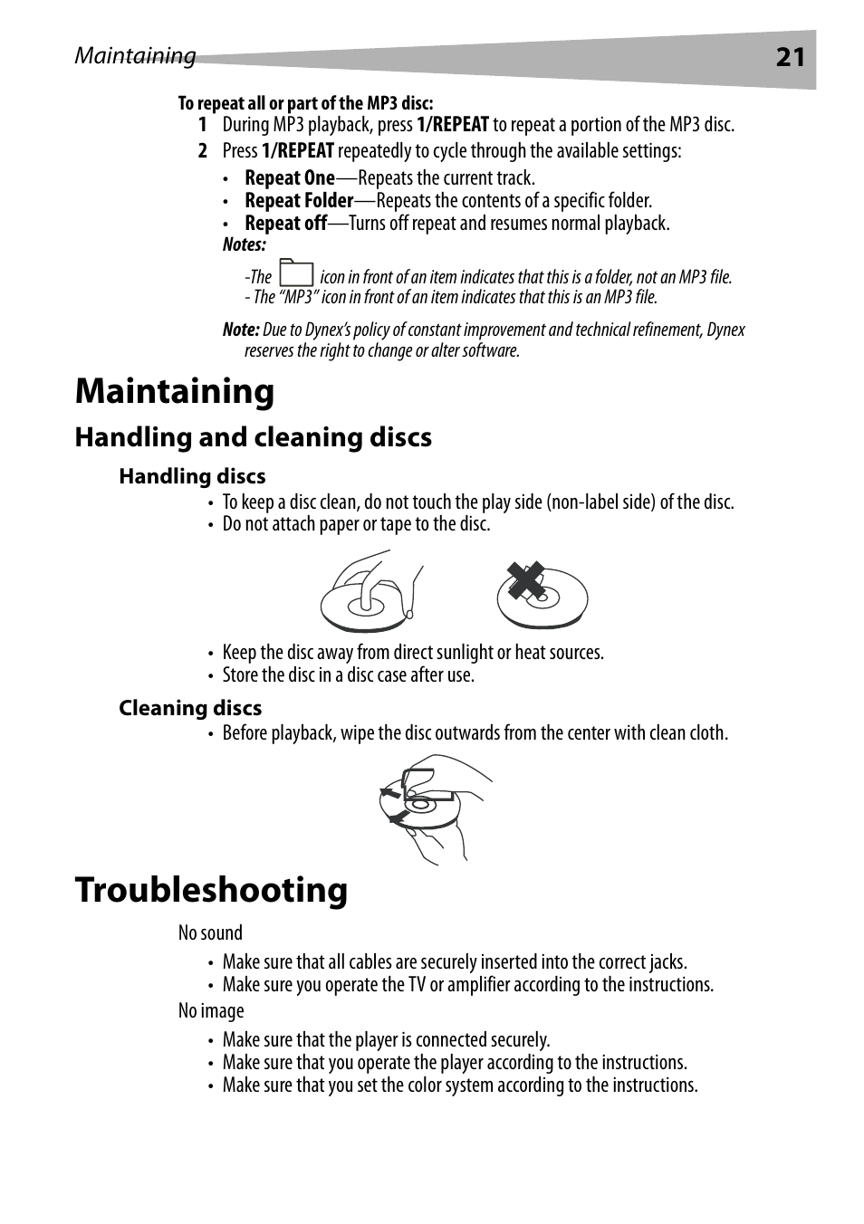 To repeat all or part of the mp3 disc, Maintaining, Handling and cleaning discs | Handling discs, Cleaning discs, Troubleshooting, Maintaining troubleshooting | Dynex DX-PDVD7 User Manual | Page 21 / 82