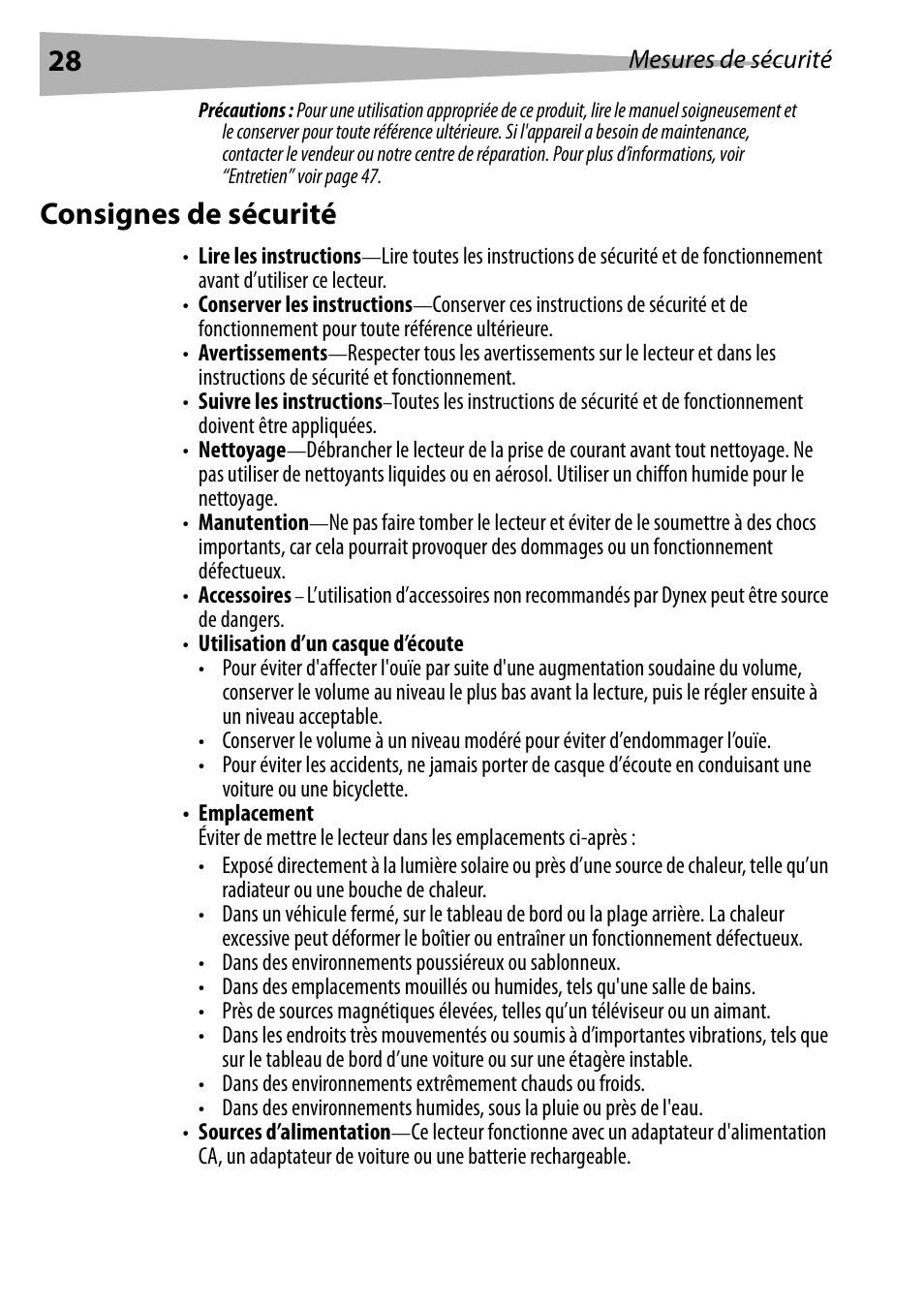 Consignes de sécurité | Dynex DX-PDVD7 User Manual | Page 28 / 82