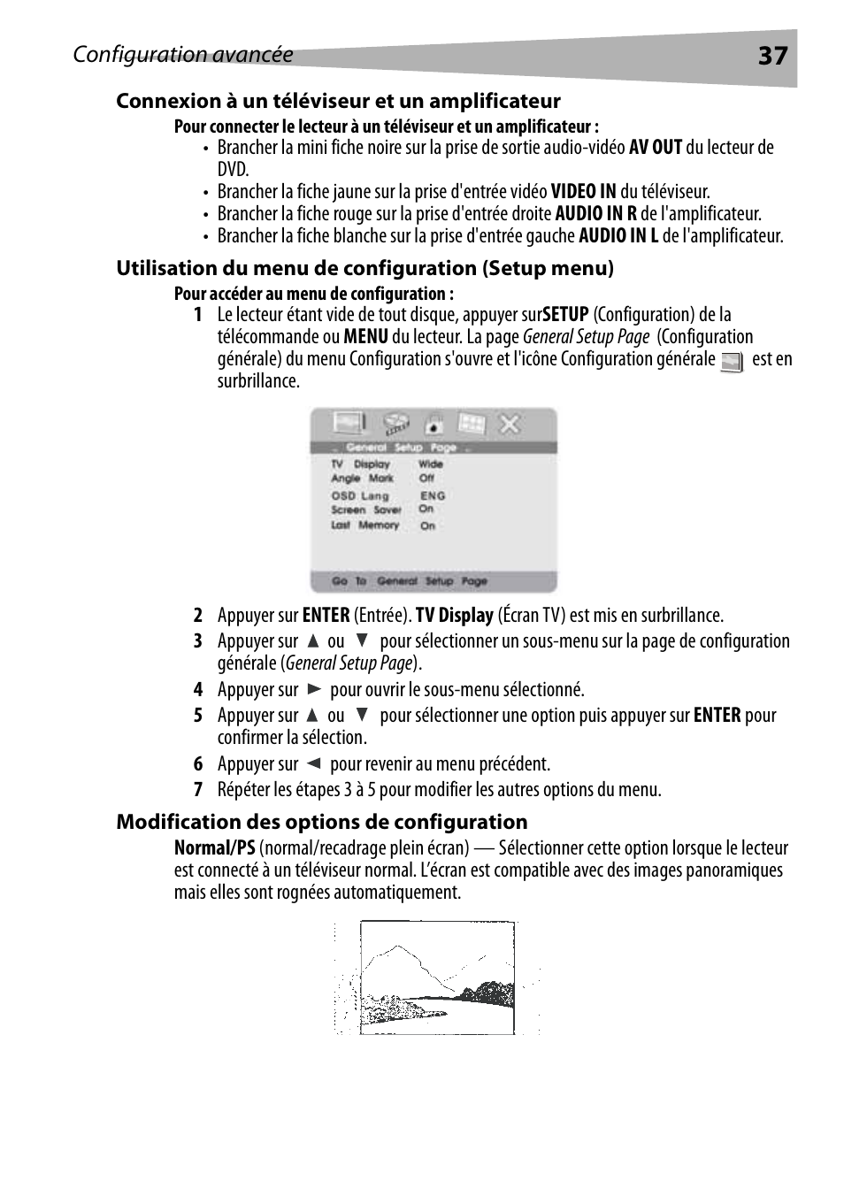 Connexion à un téléviseur et un amplificateur, Utilisation du menu de configuration (setup menu), Pour accéder au menu de configuration | Modification des options de configuration | Dynex DX-PDVD7 User Manual | Page 37 / 82