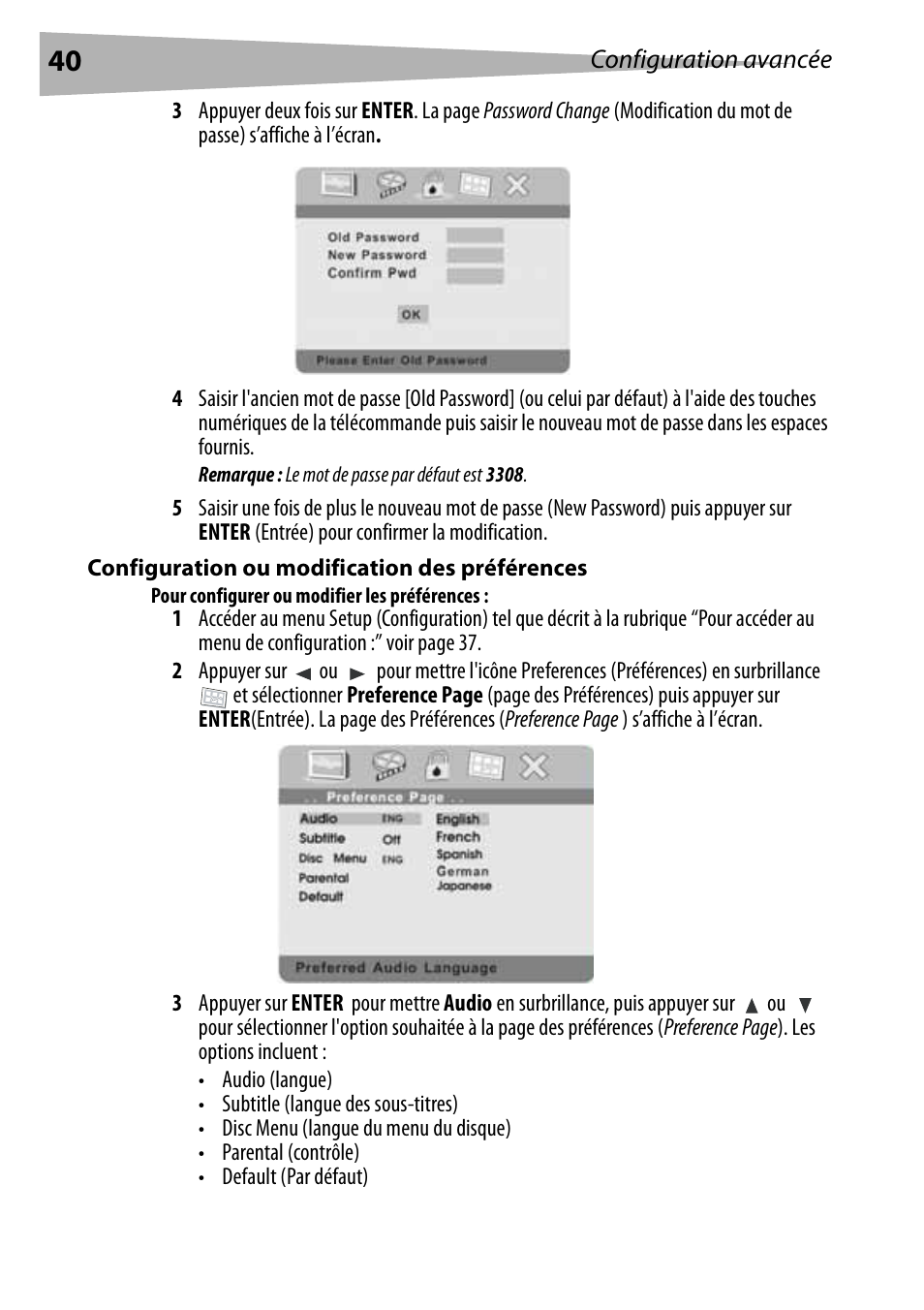 Configuration ou modification des préférences, Pour configurer ou modifier les préférences | Dynex DX-PDVD7 User Manual | Page 40 / 82