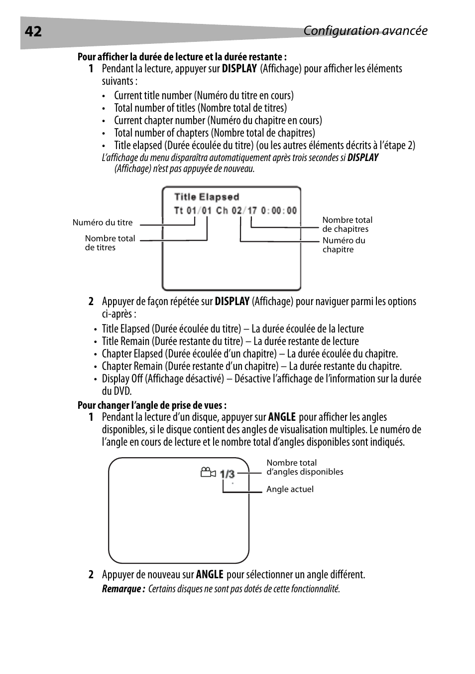 Pour changer l’angle de prise de vues, Configuration avancée | Dynex DX-PDVD7 User Manual | Page 42 / 82