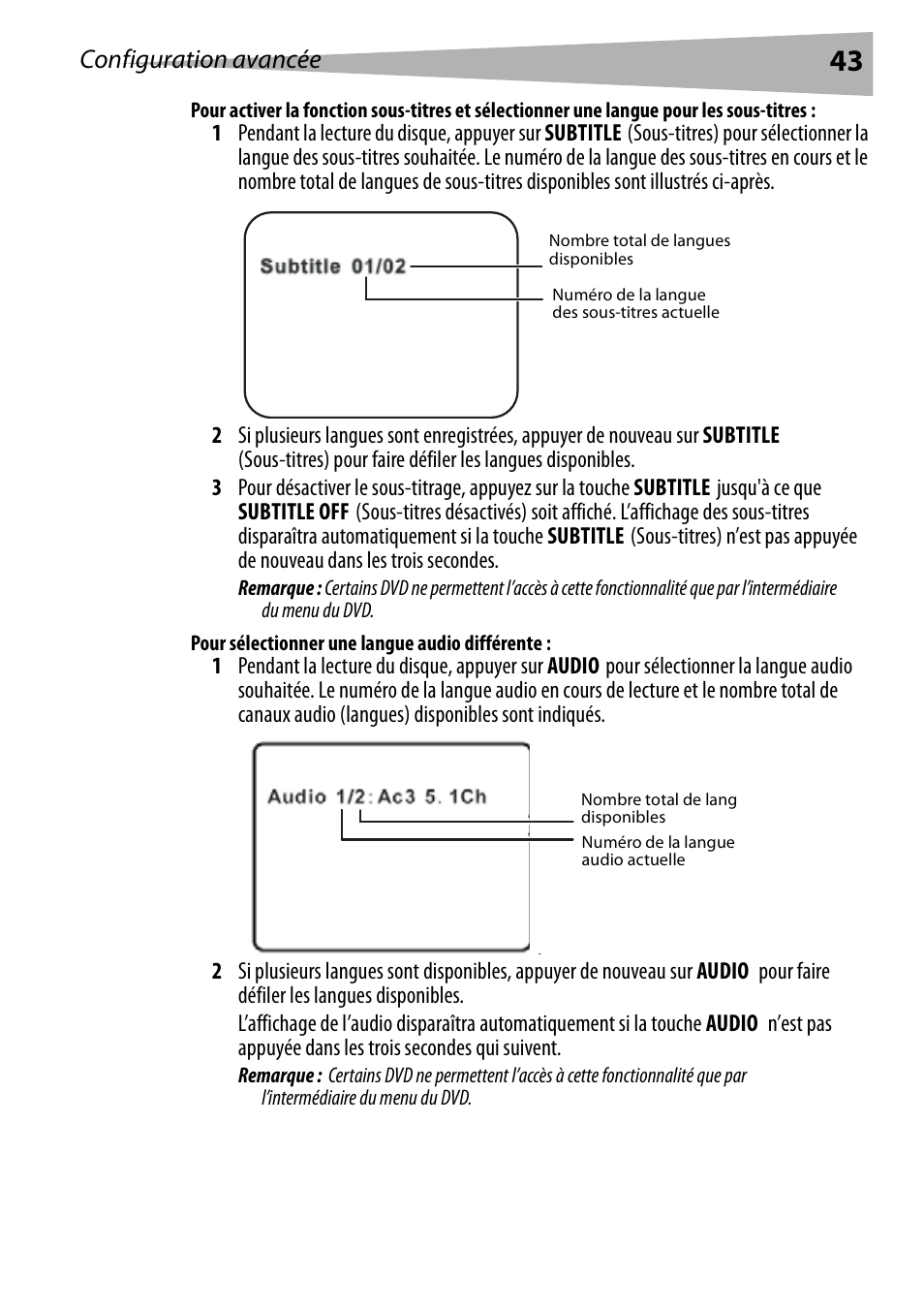 Pour sélectionner une langue audio différente, Configuration avancée | Dynex DX-PDVD7 User Manual | Page 43 / 82