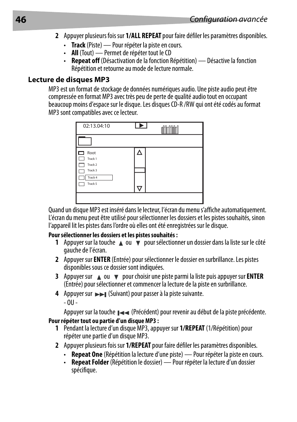Lecture de disques mp3, Pour répéter tout ou partie d’un disque mp3, Configuration avancée | Dynex DX-PDVD7 User Manual | Page 46 / 82