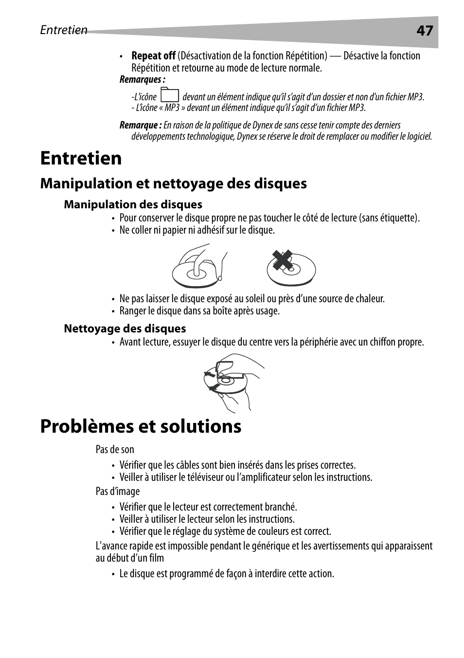 Entretien, Manipulation et nettoyage des disques, Manipulation des disques | Nettoyage des disques, Problèmes et solutions, Entretien problèmes et solutions | Dynex DX-PDVD7 User Manual | Page 47 / 82