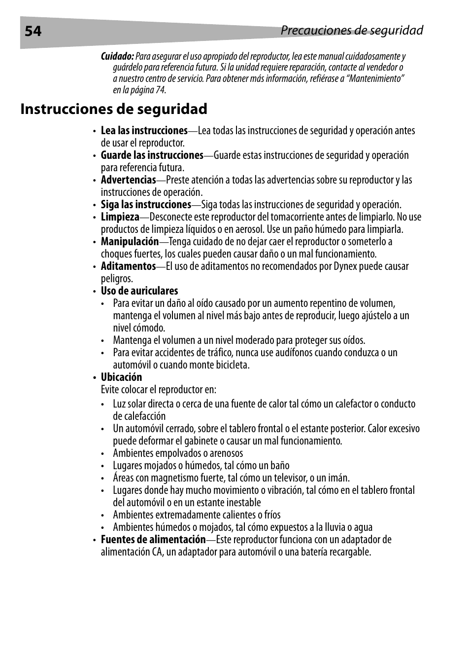 Instrucciones de seguridad | Dynex DX-PDVD7 User Manual | Page 54 / 82