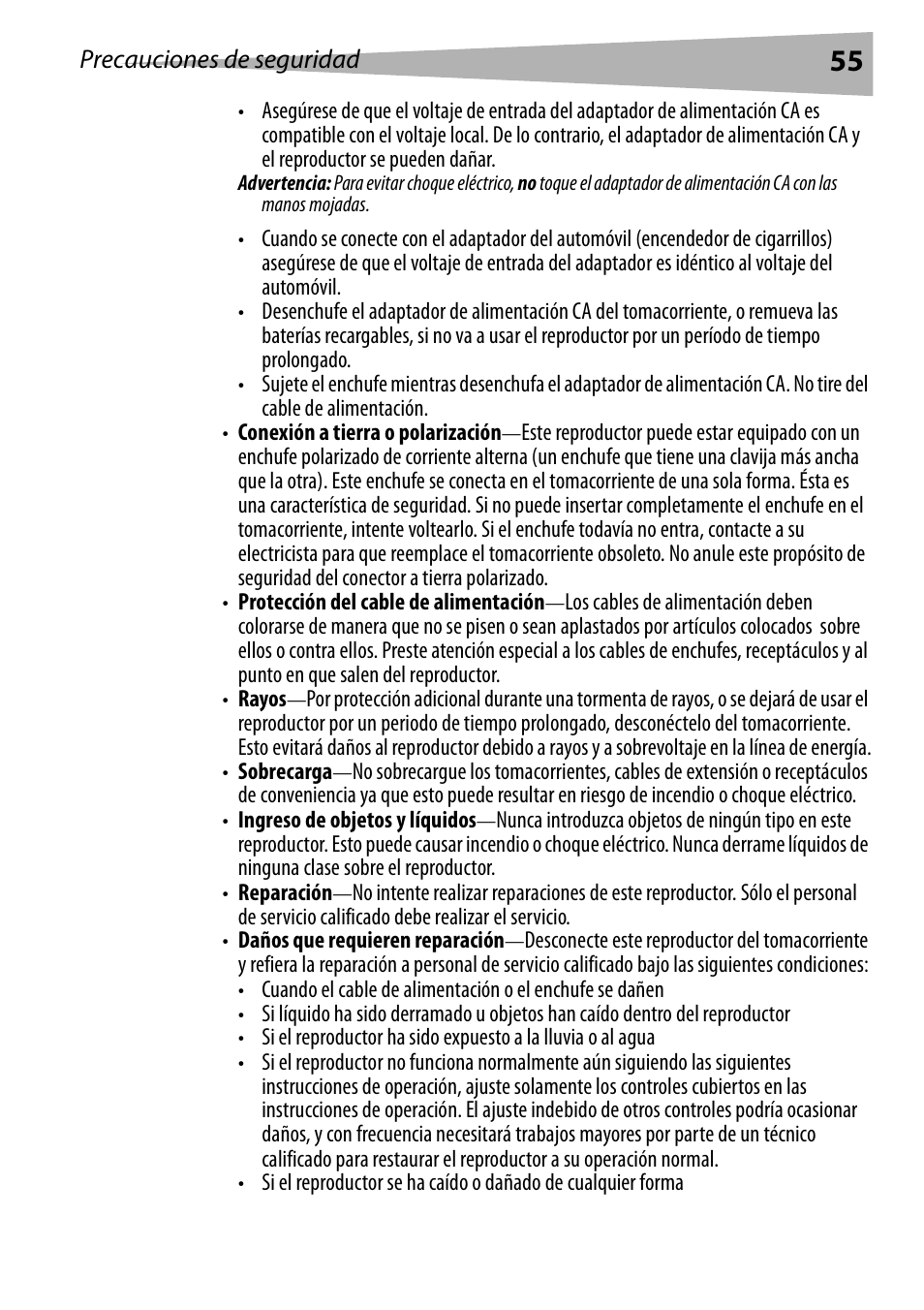 Precauciones de seguridad | Dynex DX-PDVD7 User Manual | Page 55 / 82