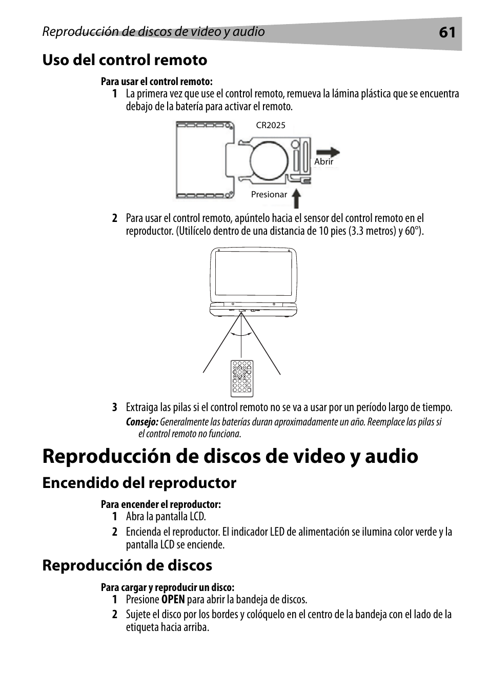 Uso del control remoto, Para usar el control remoto, Reproducción de discos de video y audio | Encendido del reproductor, Para encender el reproductor, Reproducción de discos, Para cargar y reproducir un disco, 61 uso del control remoto | Dynex DX-PDVD7 User Manual | Page 61 / 82