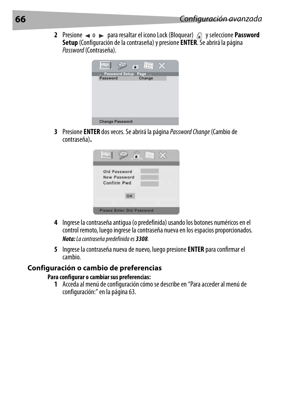 Configuración o cambio de preferencias, Para configurar o cambiar sus preferencias, Configuración avanzada | Dynex DX-PDVD7 User Manual | Page 66 / 82