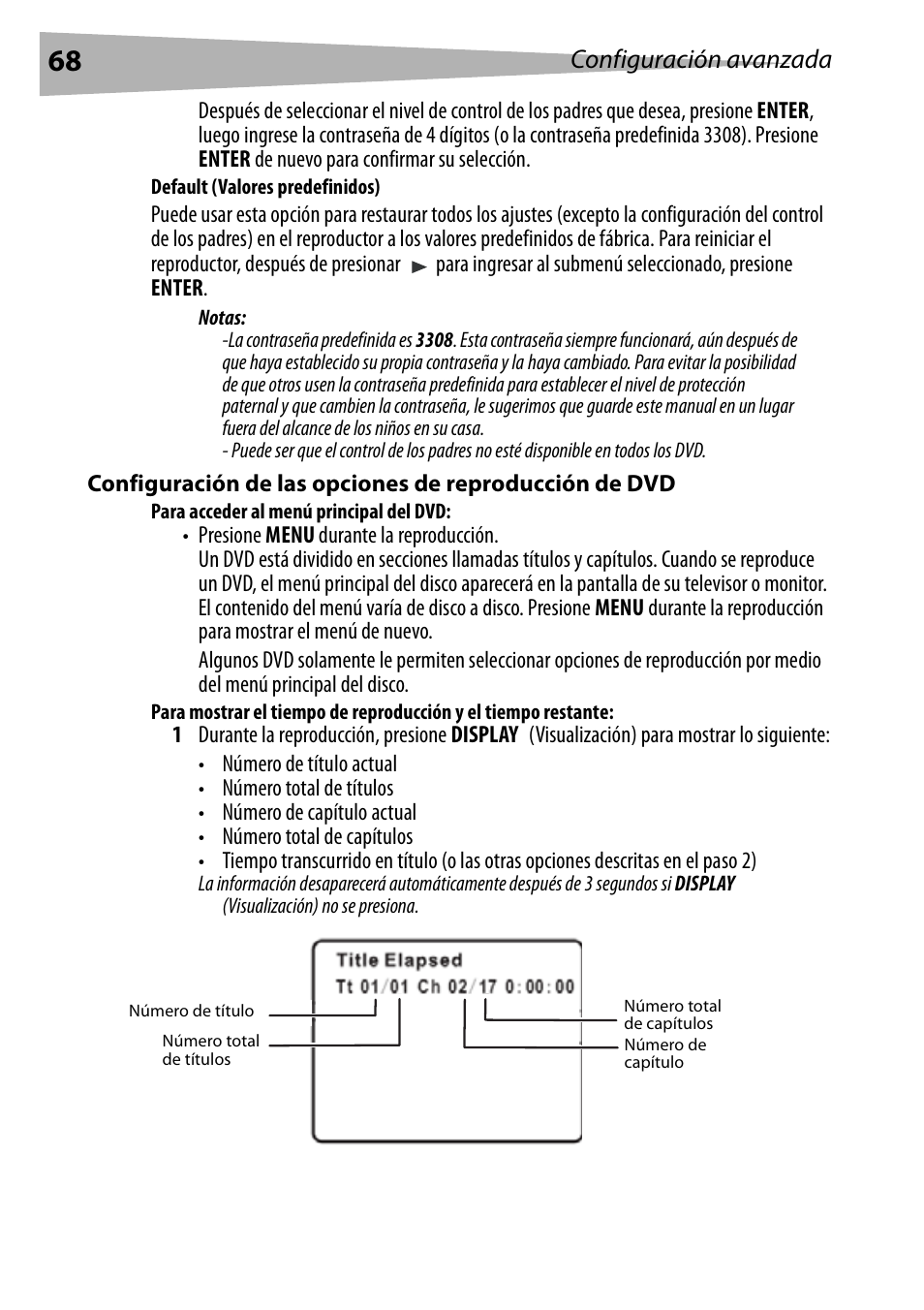 Default (valores predefinidos), Para acceder al menú principal del dvd, Configuración avanzada | Dynex DX-PDVD7 User Manual | Page 68 / 82