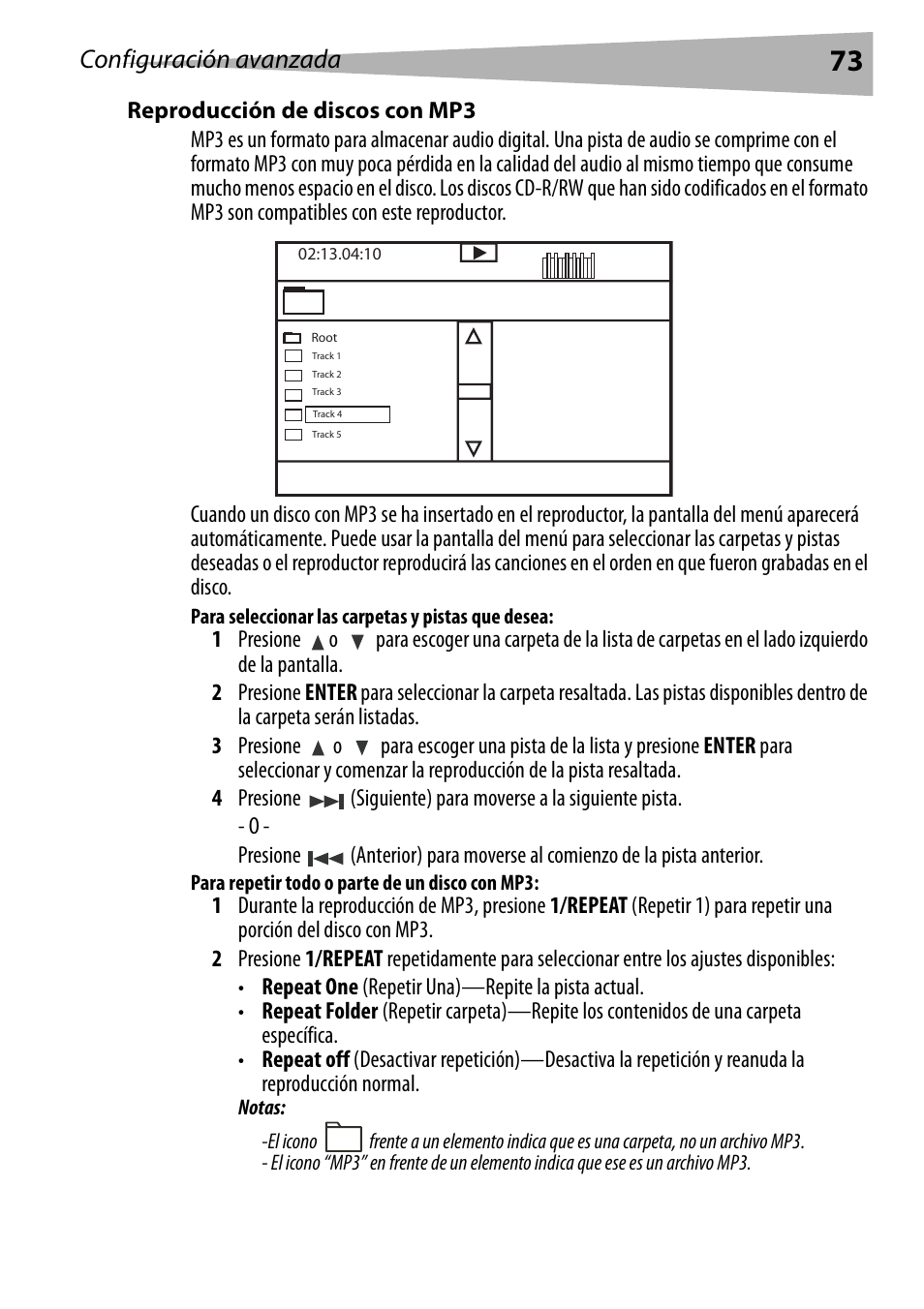 Reproducción de discos con mp3, Para seleccionar las carpetas y pistas que desea, Para repetir todo o parte de un disco con mp3 | Configuración avanzada | Dynex DX-PDVD7 User Manual | Page 73 / 82