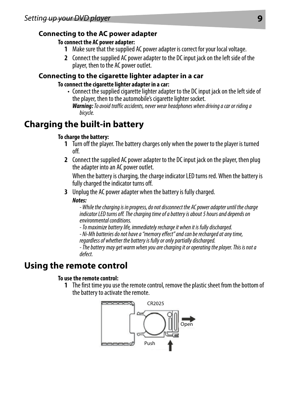 Connecting to the ac power adapter, To connect the ac power adapter, To connect the cigarette lighter adapter in a car | Charging the built-in battery, To charge the battery, Using the remote control, To use the remote control, Setting up your dvd player | Dynex DX-PDVD7 User Manual | Page 9 / 82