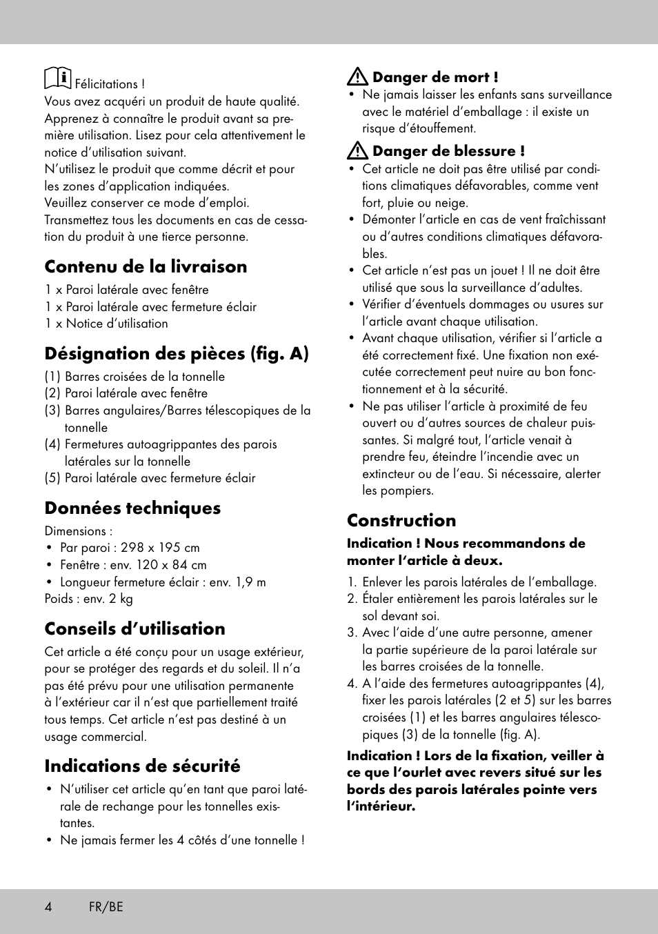 Contenu de la livraison, Désignation des pièces (fig. a), Données techniques | Conseils d’utilisation, Indications de sécurité, Construction | Florabest SP-1798 User Manual | Page 4 / 12