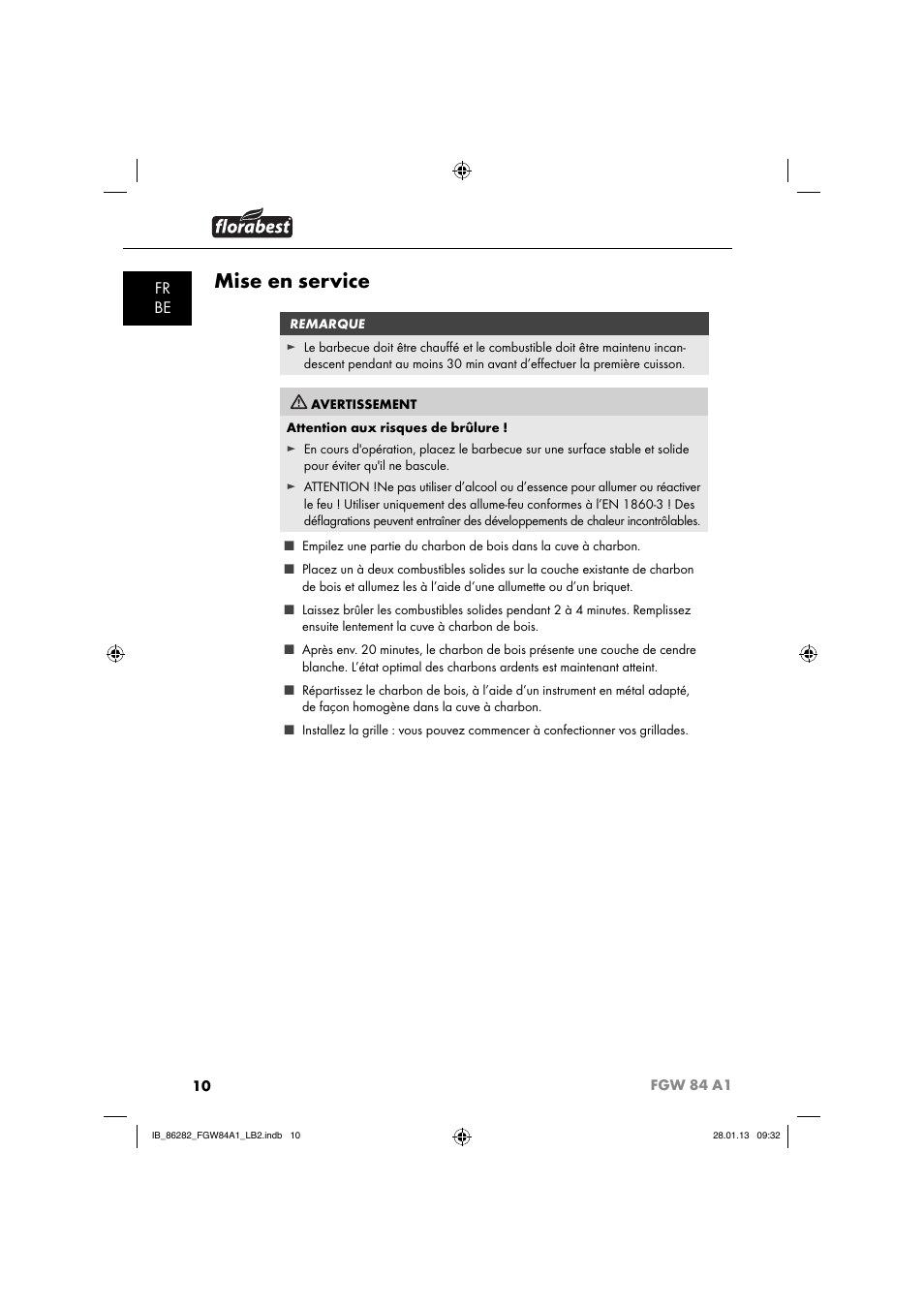 Mise en service, Fr be | Florabest FGW 84 A1 User Manual | Page 13 / 52